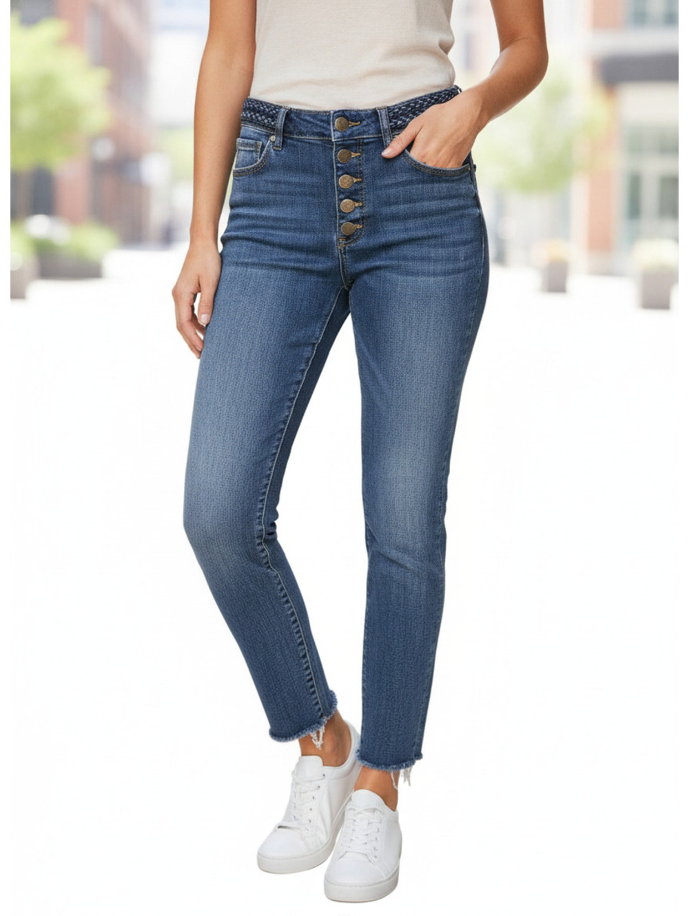 Cabi Size 0 Mia Skinny Button Fly Blue Medium Wash Stretch Raw Hem Ankle Jeans